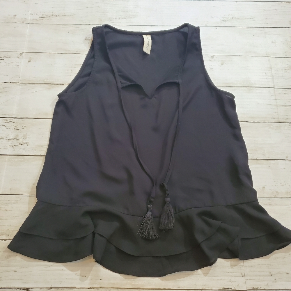 Allison Joy black sleeveless flowy chiffon top with tassel size xs Vintage‎ Usa